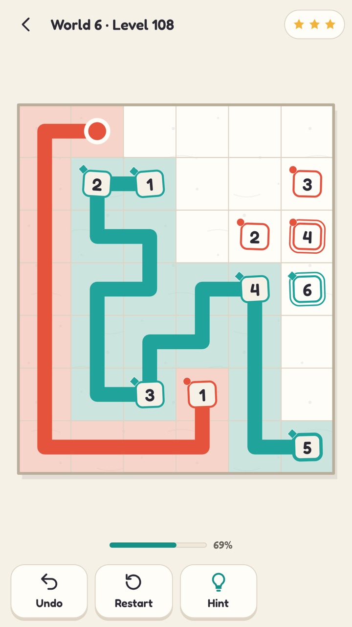 Inkpath mid-solve: two coloured lines winding through a grid, each meeting its numbers in order